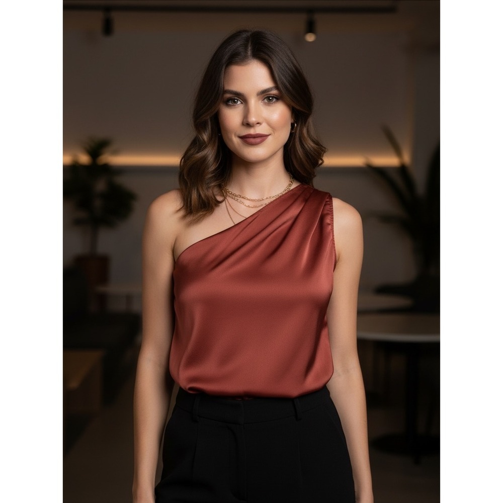 White House Black Market Red Satin One Shoulder Top Women's XS